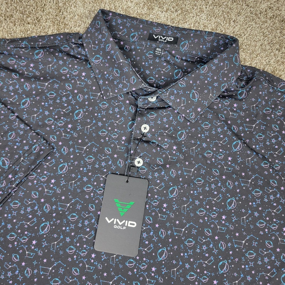 NWT Vivid Golf Mens 3XL Black AOP Space Cosmos Performance Stretch Polo SS